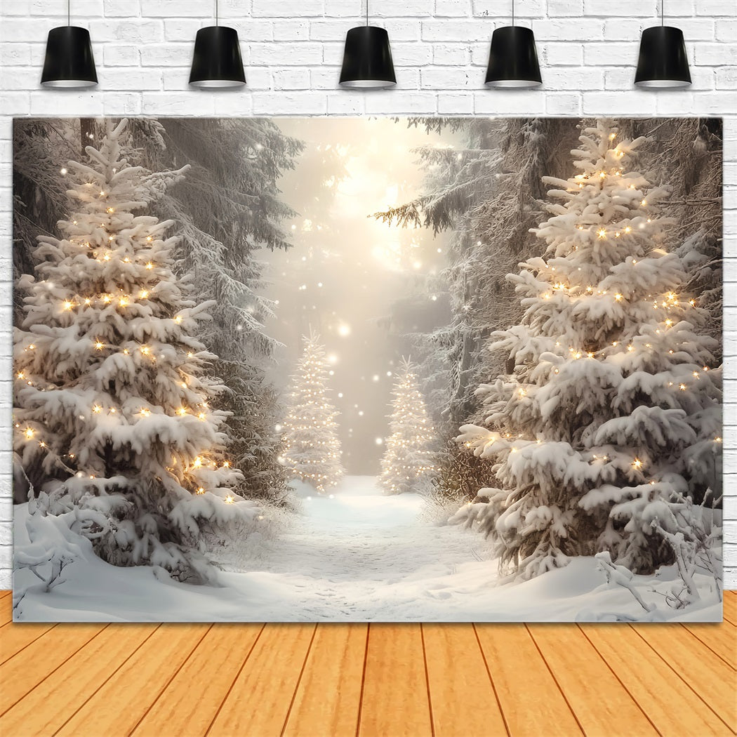 Toile de fond Forêt Hivernale Lumière Dorée Pins de Noël Neigeux LXX58-275