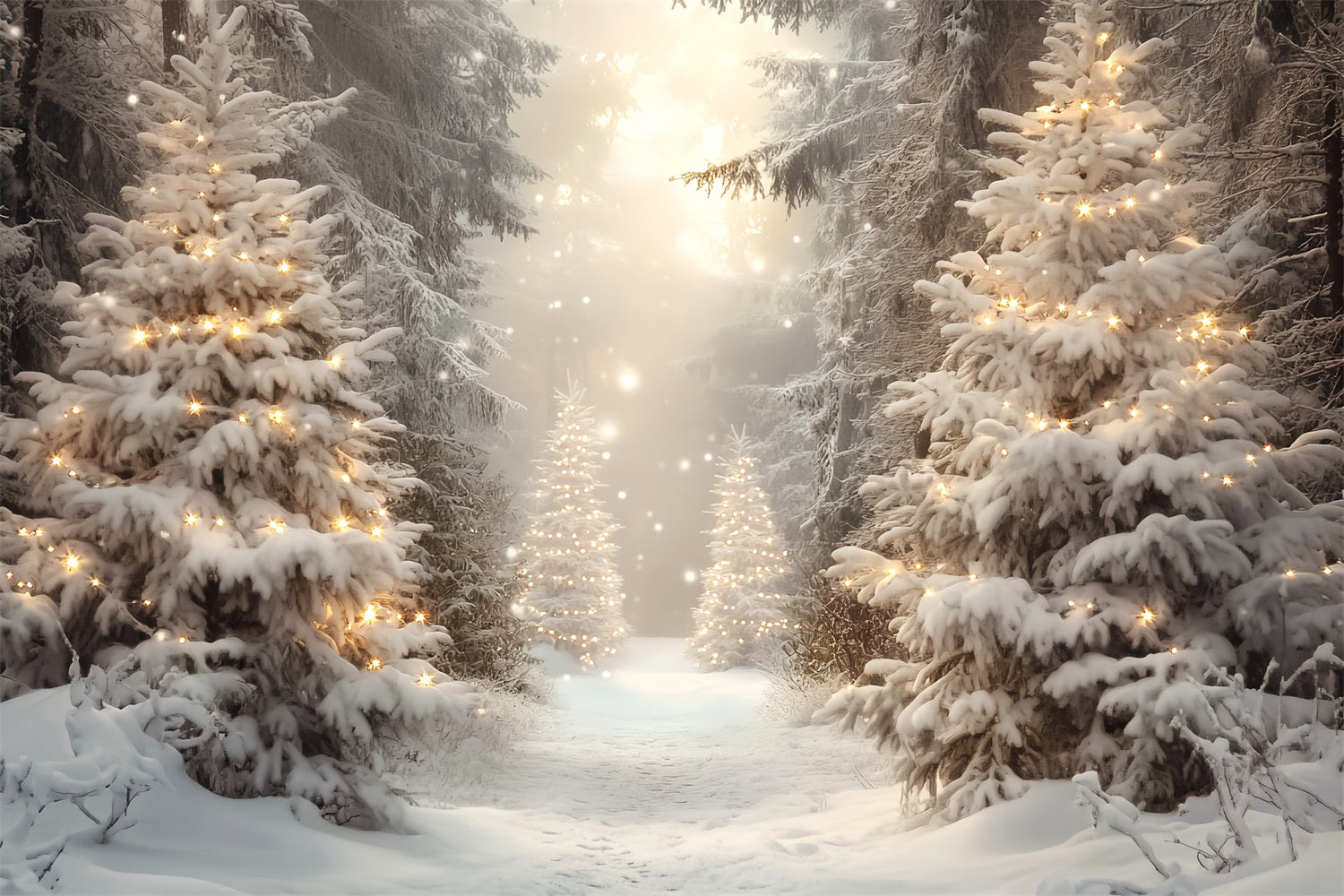 Toile de fond Forêt Hivernale Lumière Dorée Pins de Noël Neigeux LXX58-275
