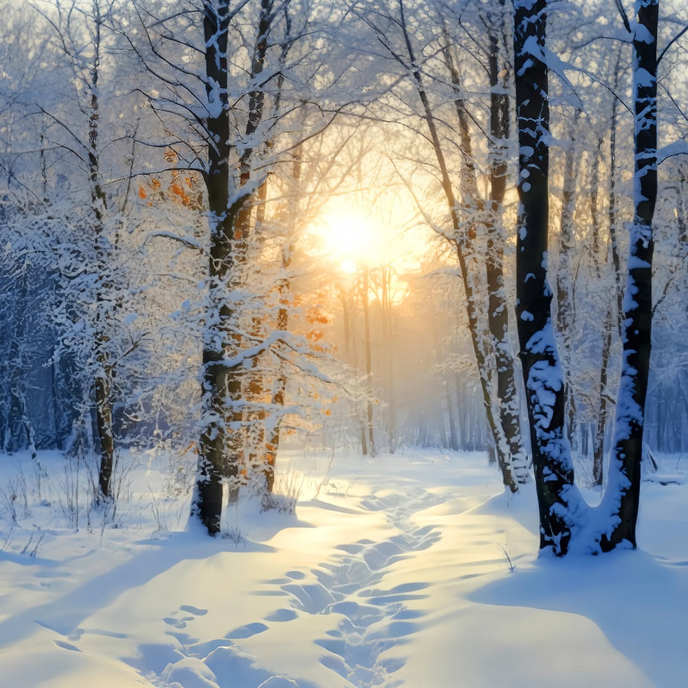 Toile de fond Forêt Hivernale Lever Doré Sentier de Neige LXX58-278