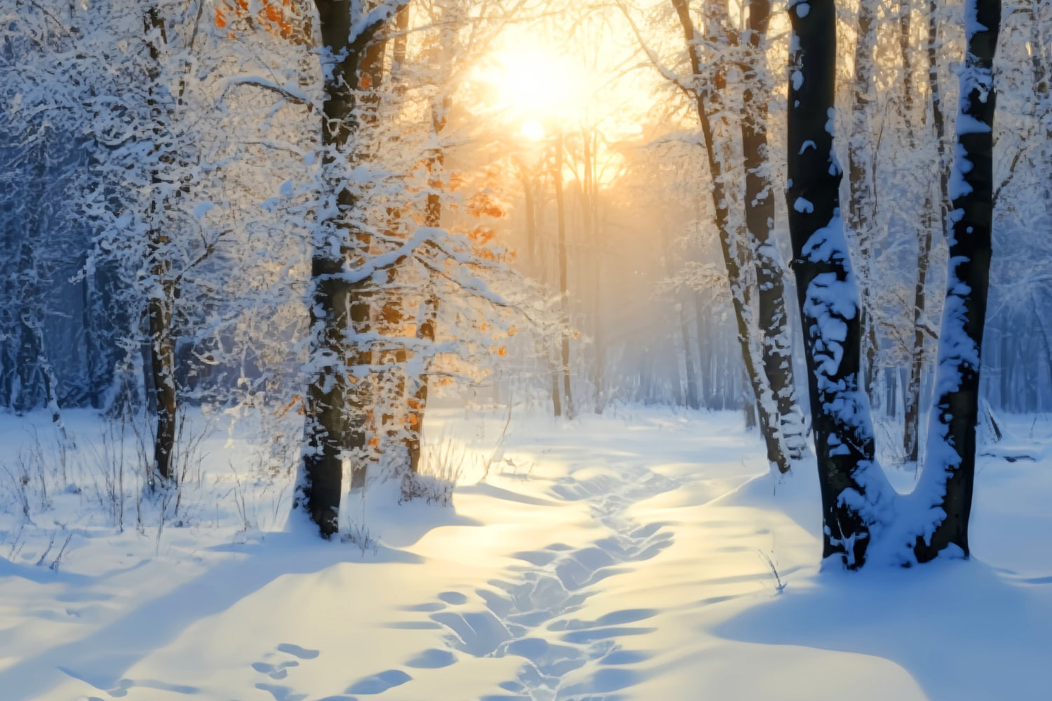 Toile de fond Forêt Hivernale Lever Doré Sentier de Neige LXX58-278