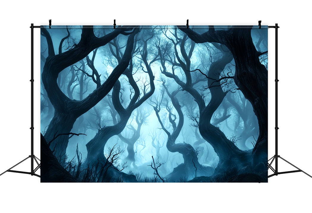 Toile de fond Forêt Sombre Effrayante Arbres Tordus Brume Bleue LXX58-280