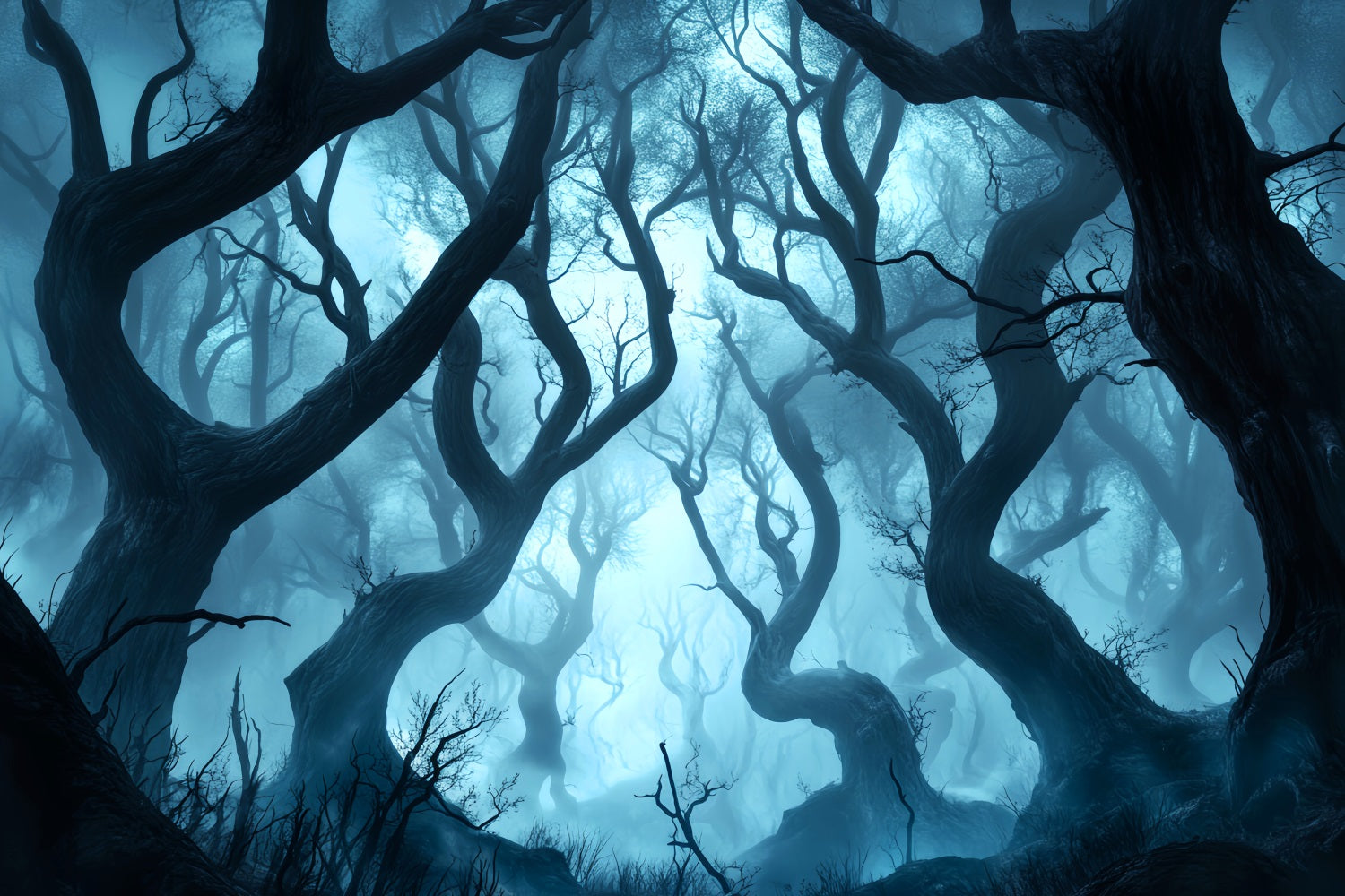 Toile de fond Forêt Sombre Effrayante Arbres Tordus Brume Bleue LXX58-280