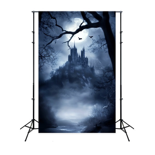 Toile de fond Forêt Hantée Château Gothique Clair de Lune Brume LXX58-281
