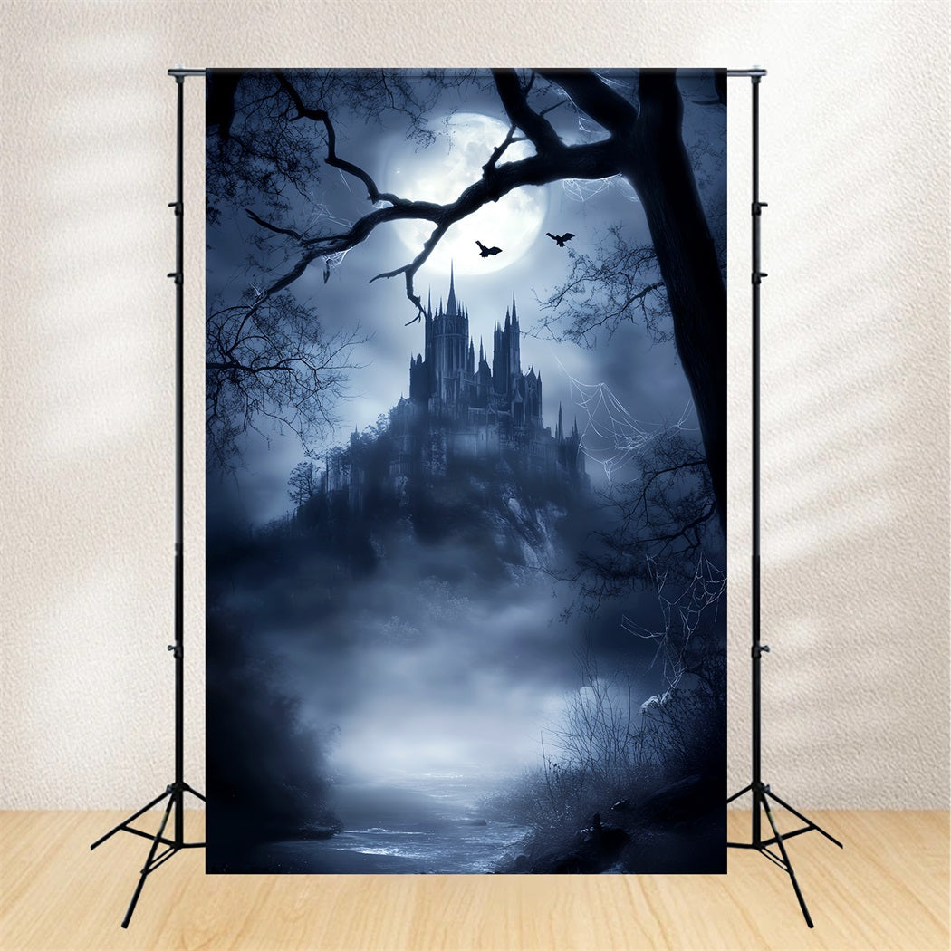 Toile de fond Forêt Hantée Château Gothique Clair de Lune Brume LXX58-281