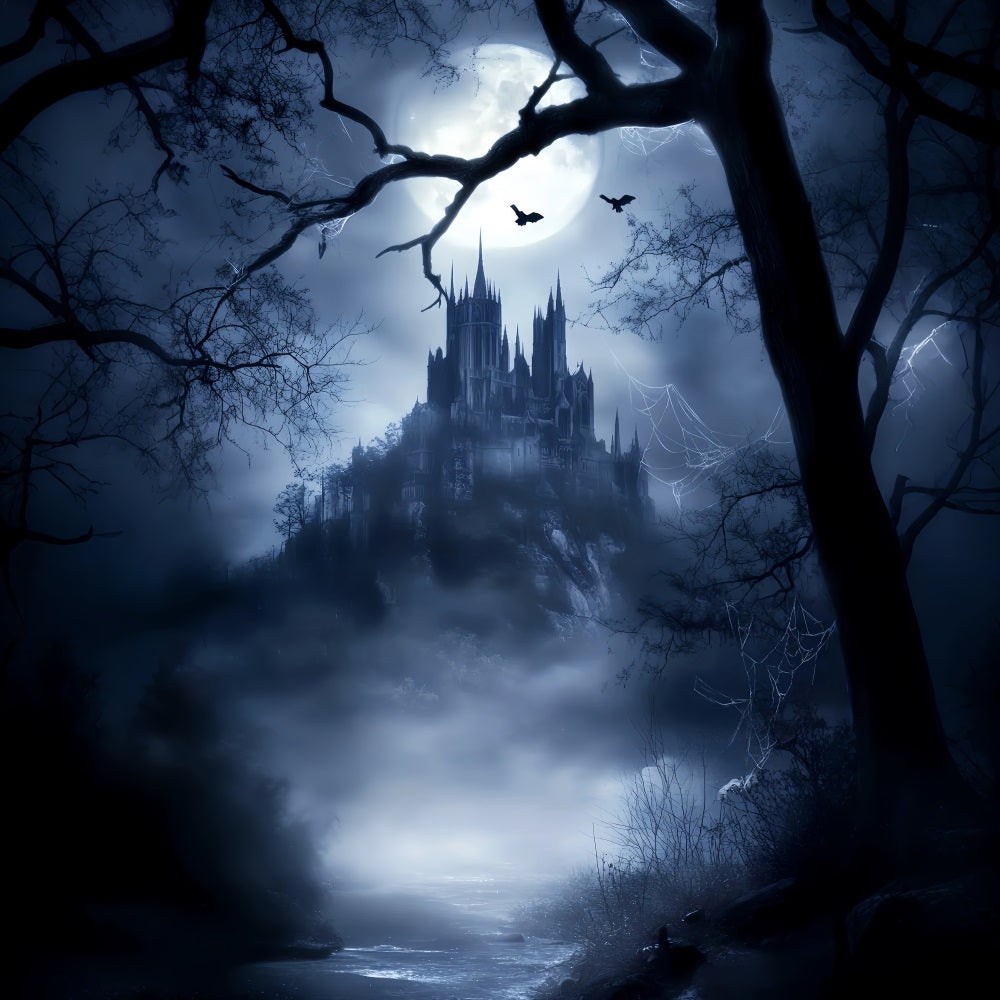 Toile de fond Forêt Hantée Château Gothique Clair de Lune Brume LXX58-281