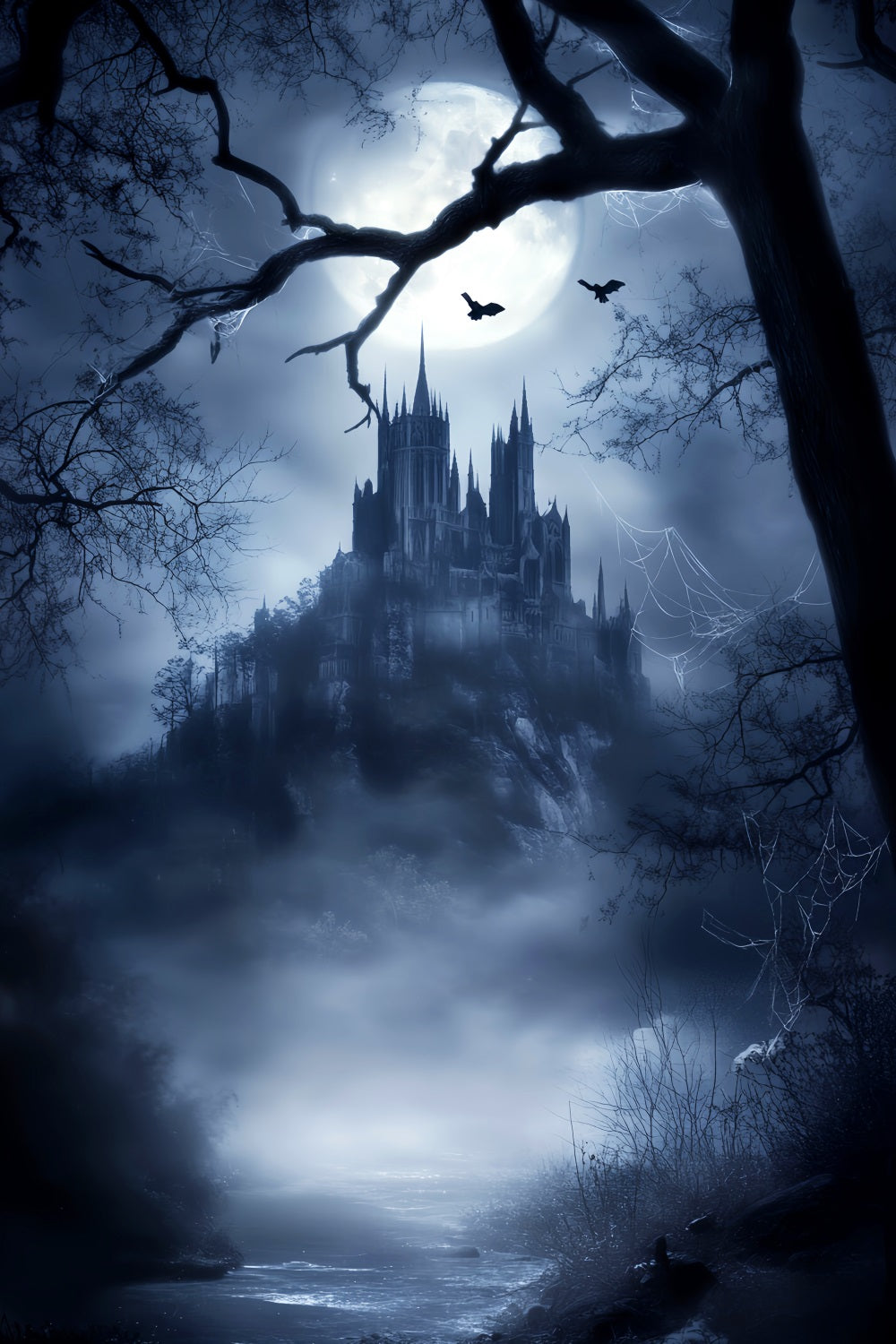 Toile de fond Forêt Hantée Château Gothique Clair de Lune Brume LXX58-281