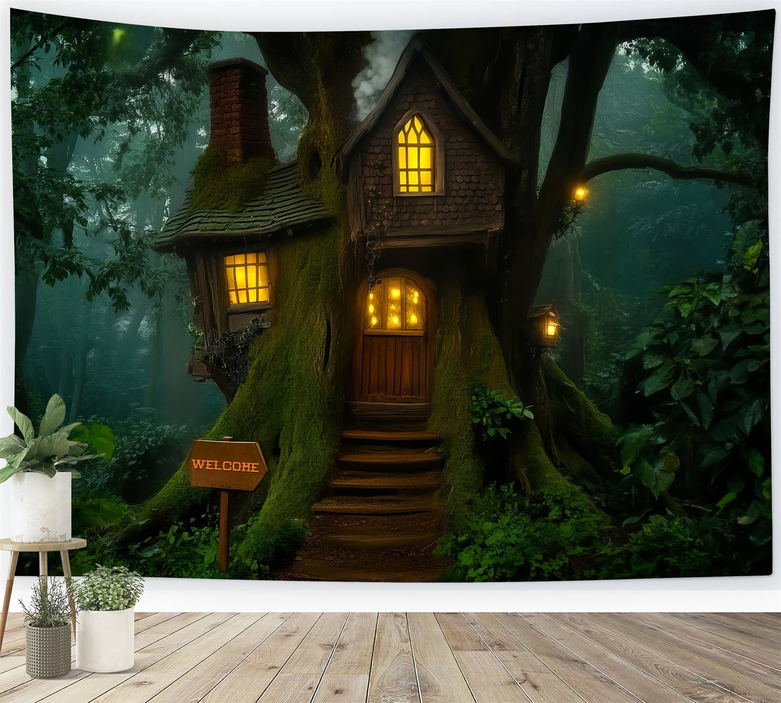 Toile de fond Forêt Effrayante Arbre Cabane Fantaisiste Lueur Lanterne LXX58-283