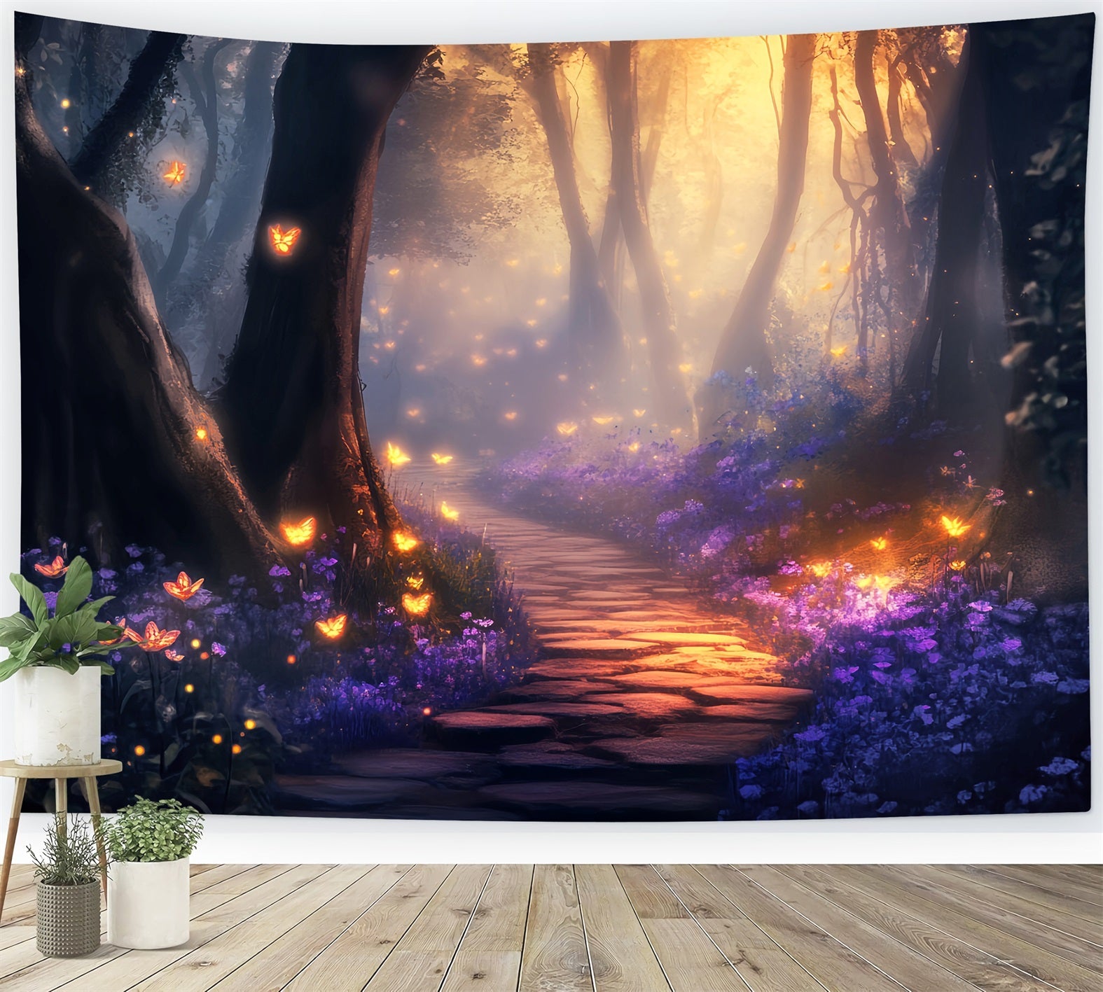 Toile de fond Forêt Enchantée Sentier Fée Papillon Doré Magique LXX58-284