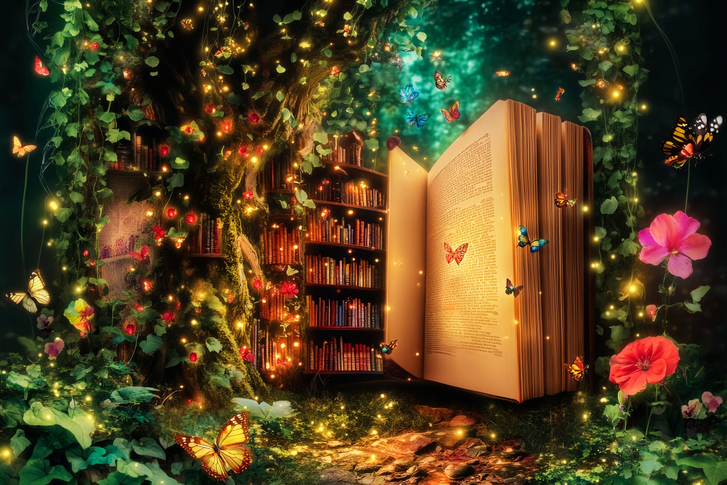 Toile de fond Forêt Enchantée Bibliothèque Magique Arbre Étagère LXX58-286