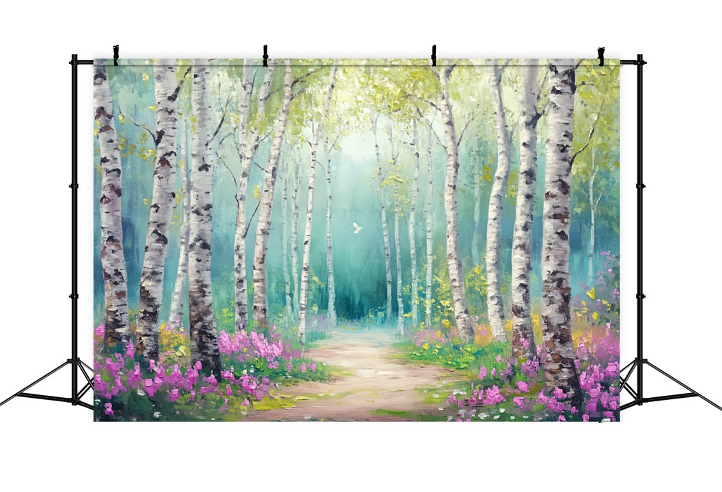 Toile de fond Forêt Enchantée Allée Fleurie Bosquet Bouleaux Conte Fée LXX58-288