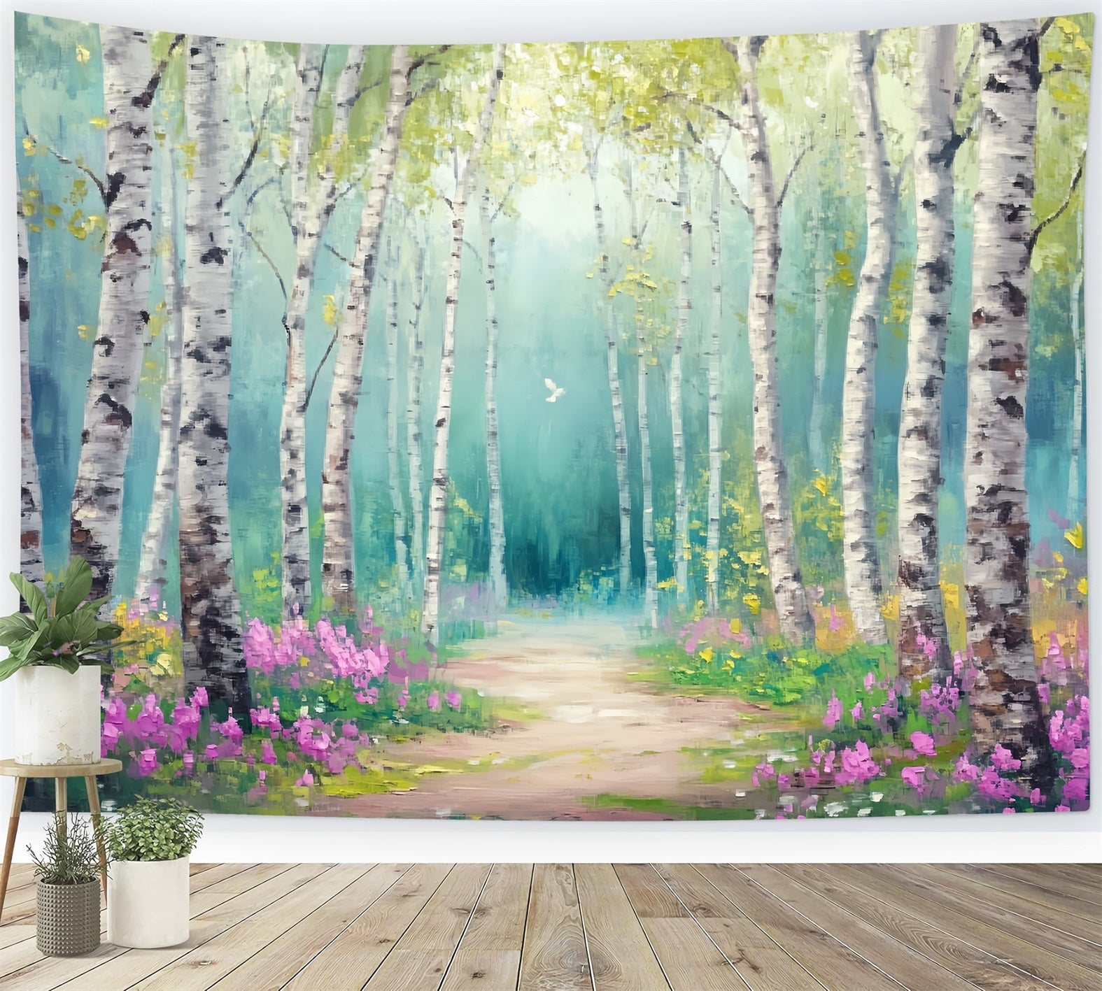 Toile de fond Forêt Enchantée Allée Fleurie Bosquet Bouleaux Conte Fée LXX58-288