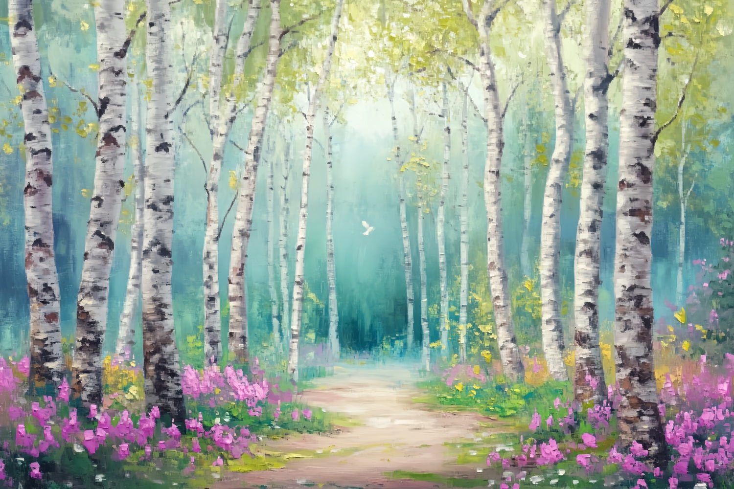 Toile de fond Forêt Enchantée Allée Fleurie Bosquet Bouleaux Conte Fée LXX58-288
