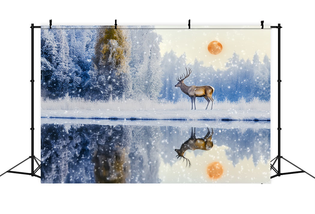 Toile de fond Forêt Enchantée Chute de Neige Cerf Aurore Réflexion LXX58-289