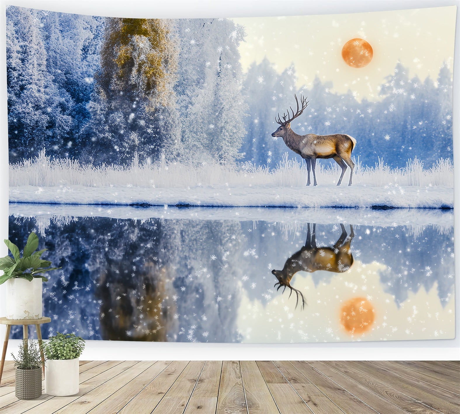 Toile de fond Forêt Enchantée Chute de Neige Cerf Aurore Réflexion LXX58-289