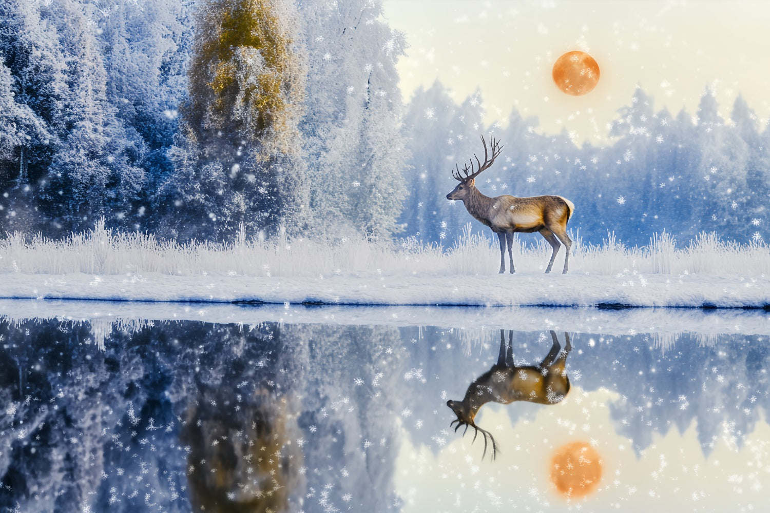 Toile de fond Forêt Enchantée Chute de Neige Cerf Aurore Réflexion LXX58-289
