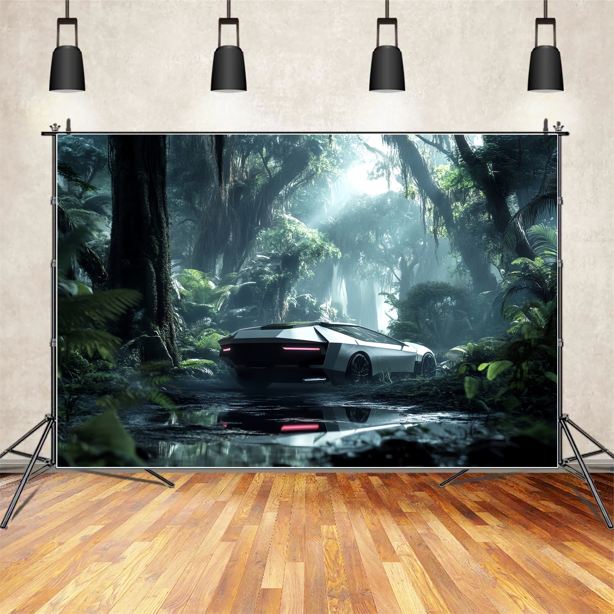 Toile de fond Forêt Tropicale Jungle Futuriste Voiture Brume LXX58-291