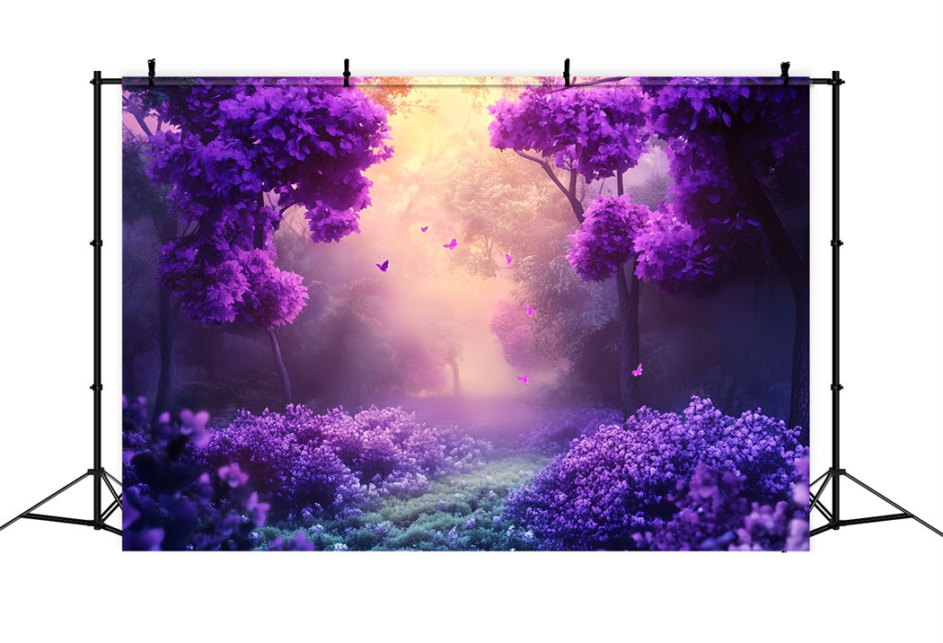 Toile de fond Forêt Tropicale Fleurs Violettes Papillons Lueur Fantaisie LXX58-292