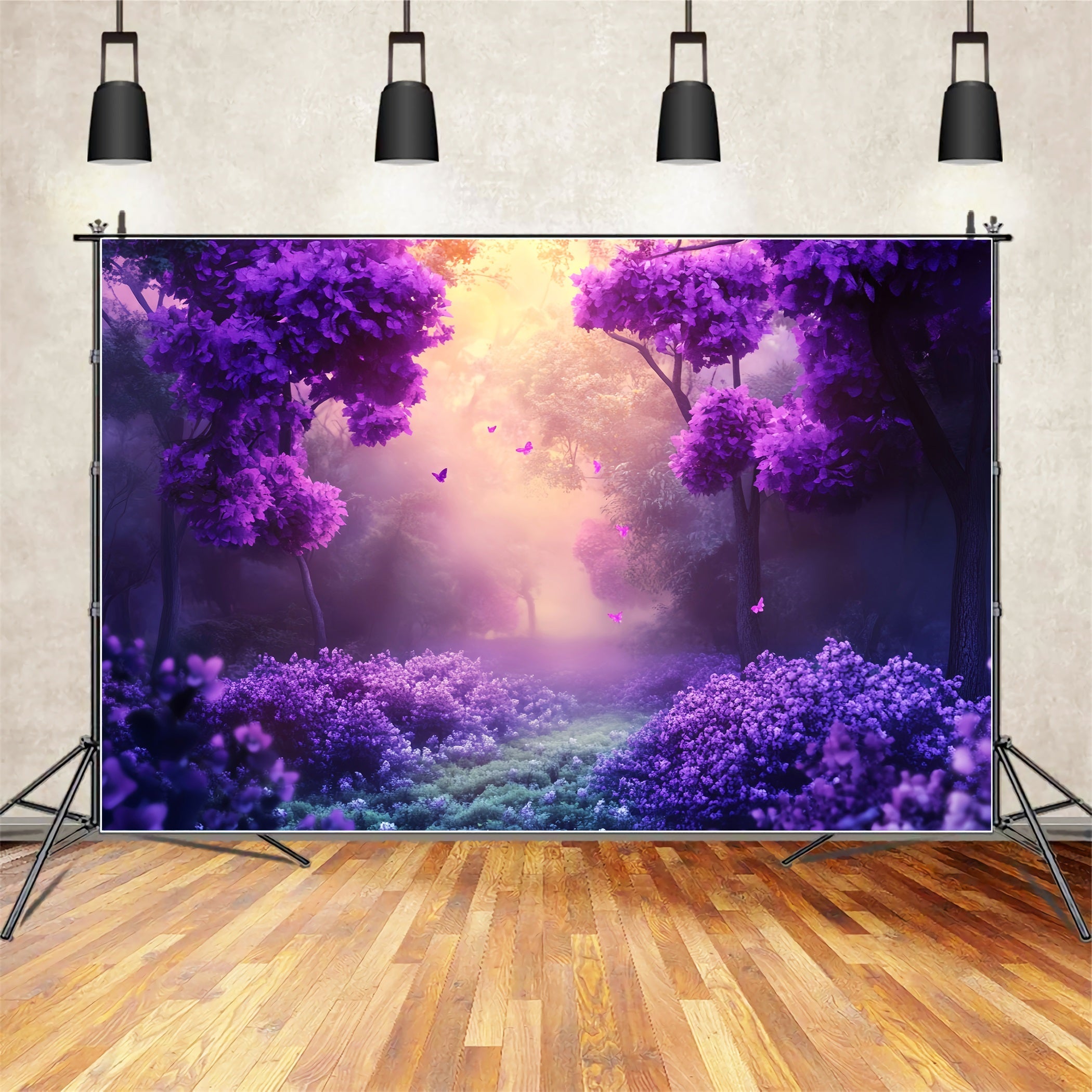 Toile de fond Forêt Tropicale Fleurs Violettes Papillons Lueur Fantaisie LXX58-292