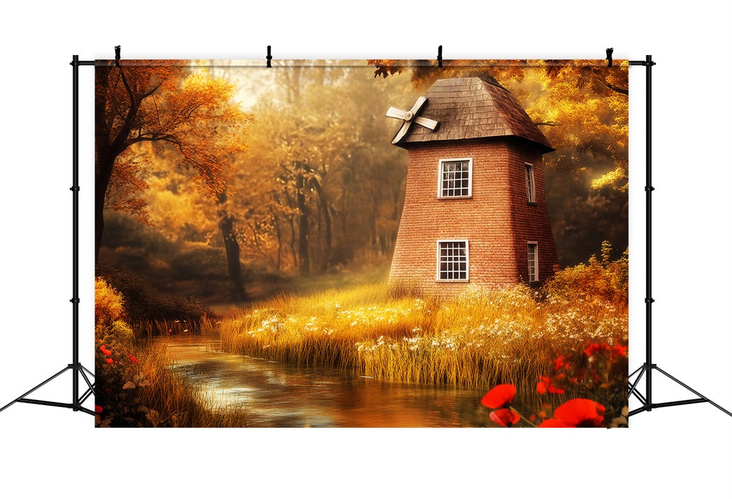 Toile de fond Forêt d’Automne Moulin Vent Rivière Dorée Fantaisie LXX58-295