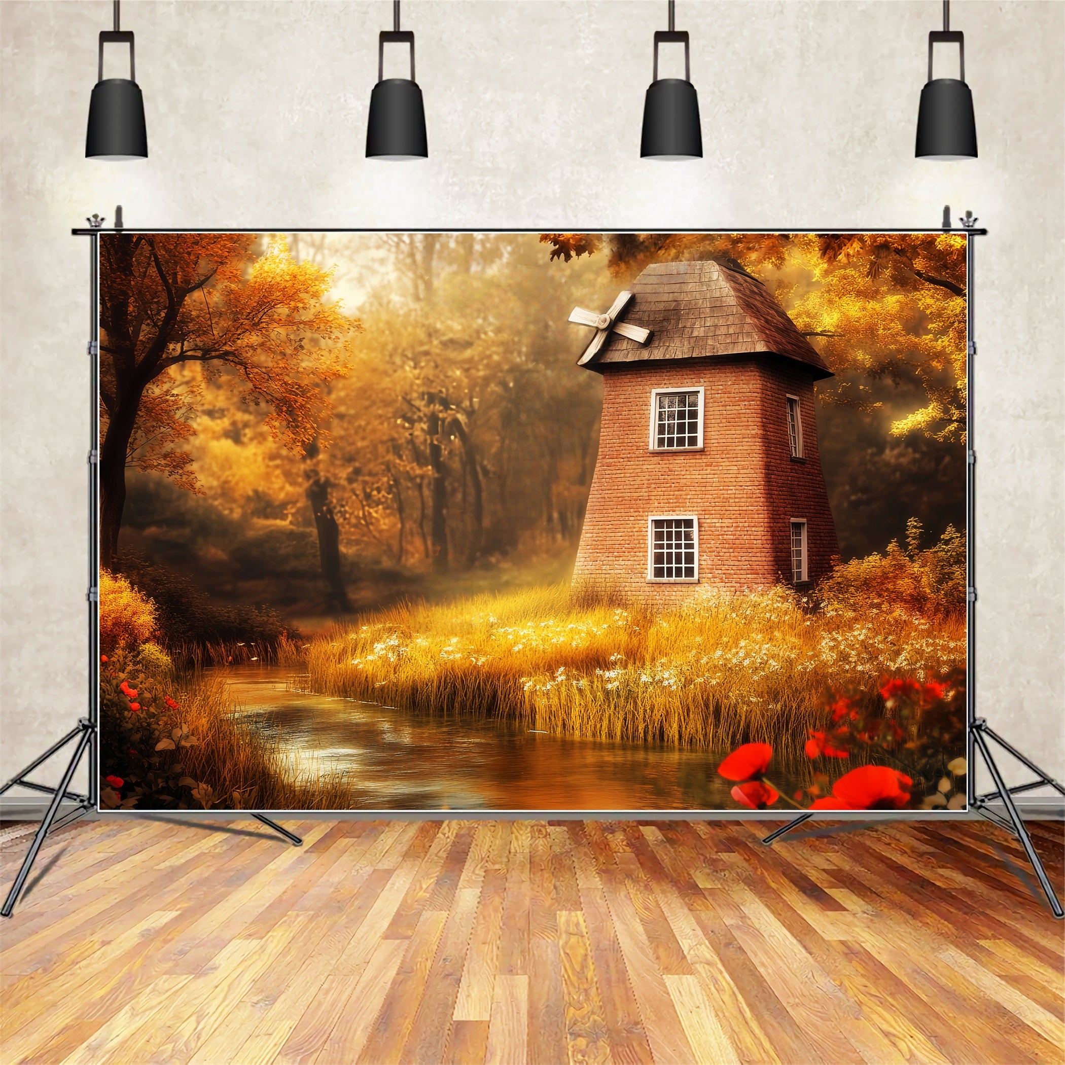 Toile de fond Forêt d’Automne Moulin Vent Rivière Dorée Fantaisie LXX58-295