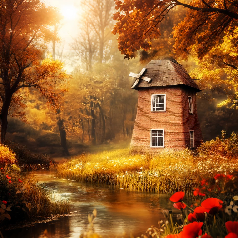 Toile de fond Forêt d’Automne Moulin Vent Rivière Dorée Fantaisie LXX58-295