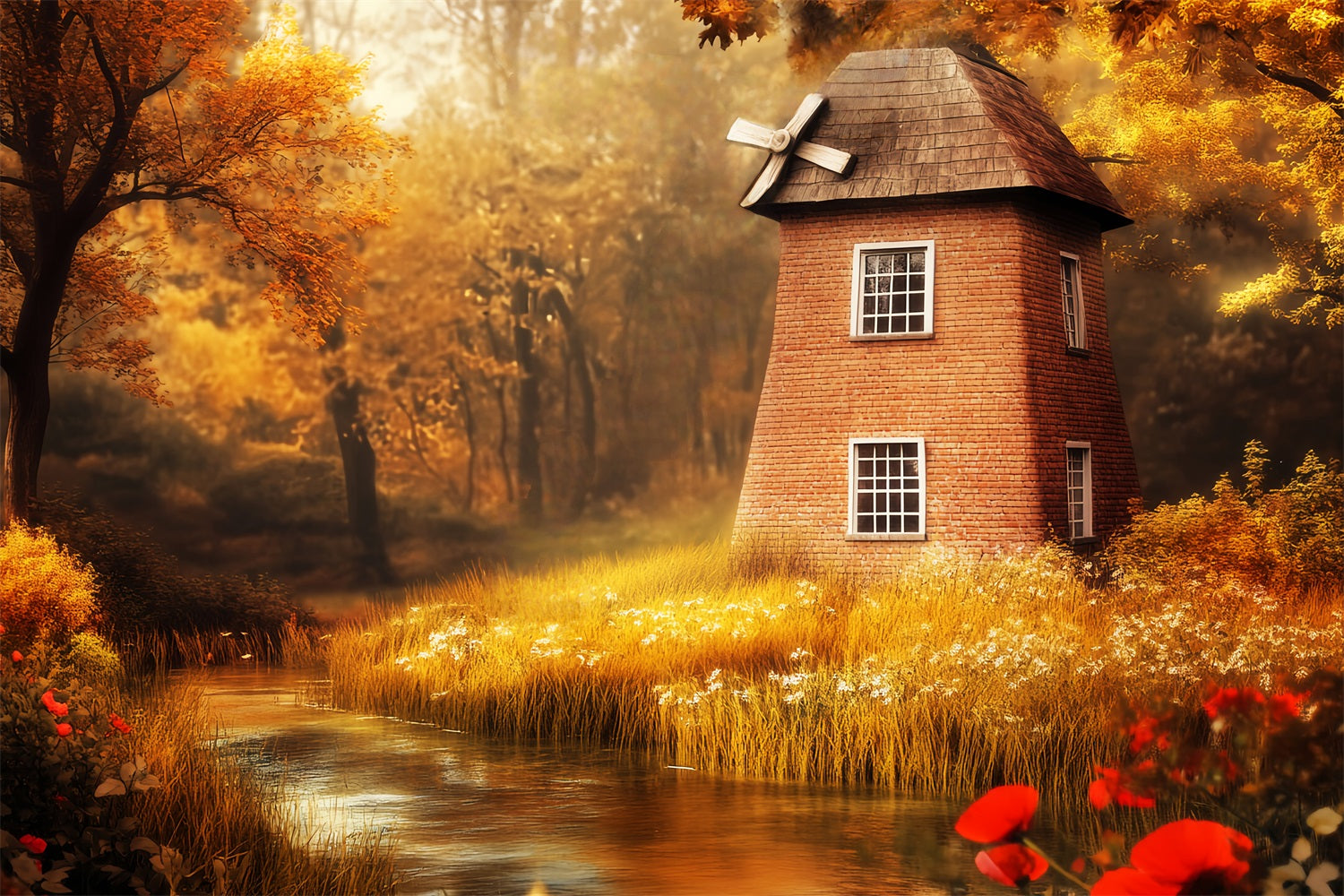 Toile de fond Forêt d’Automne Moulin Vent Rivière Dorée Fantaisie LXX58-295