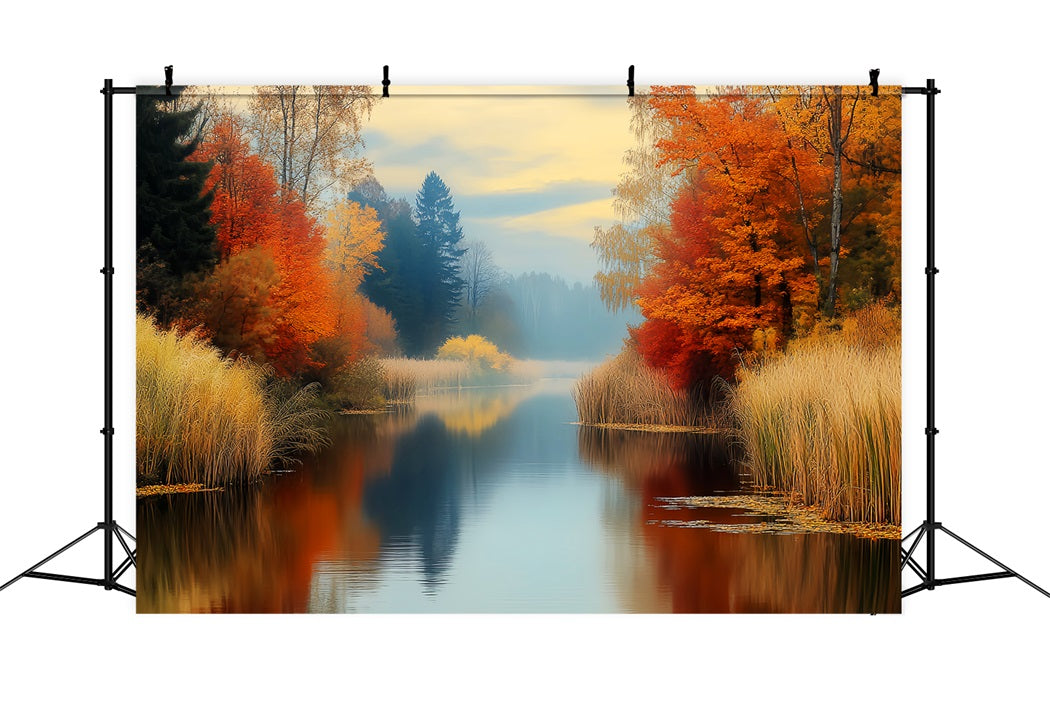 Toile de fond Forêt d’Automne Réflexion Dorée Rivière Automnale LXX58-299