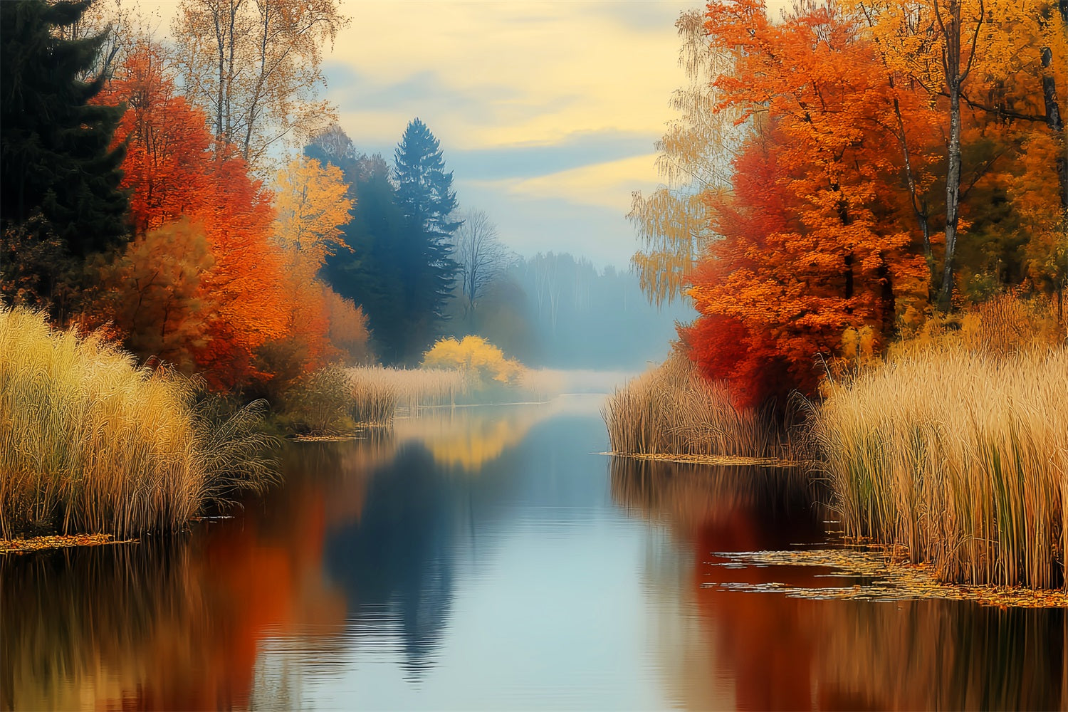 Toile de fond Forêt d’Automne Réflexion Dorée Rivière Automnale LXX58-299