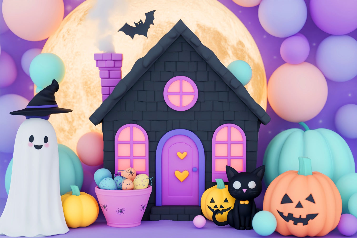 Fond studio halloween Chat Noir Ballons Nuit Mignonne LXX58-30