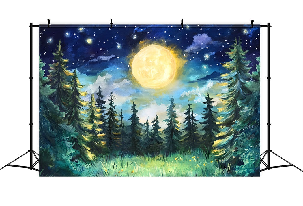 Toile de fond Forêt Nocturne Pins Clair de Lune Ciel Étoilé LXX58-300