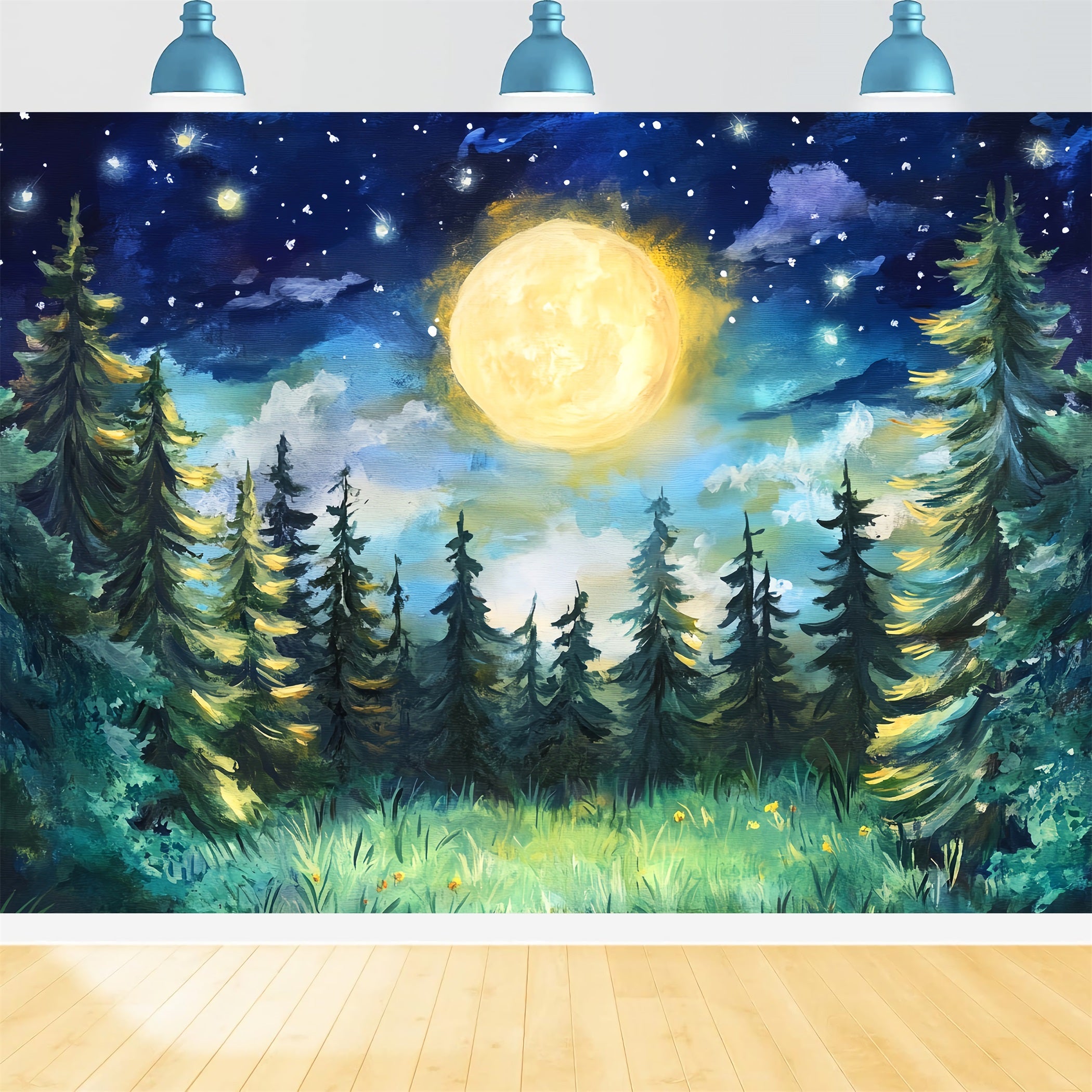 Toile de fond Forêt Nocturne Pins Clair de Lune Ciel Étoilé LXX58-300