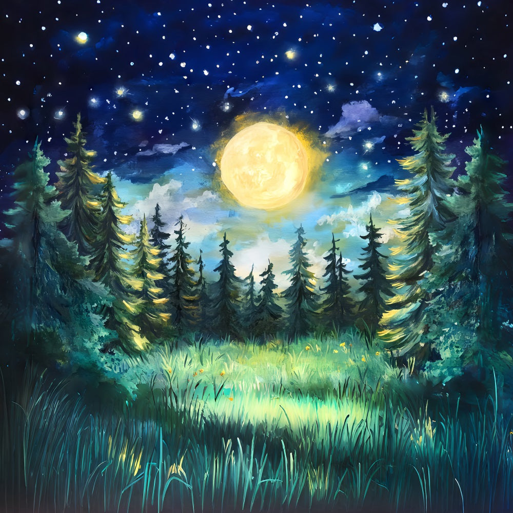 Toile de fond Forêt Nocturne Pins Clair de Lune Ciel Étoilé LXX58-300