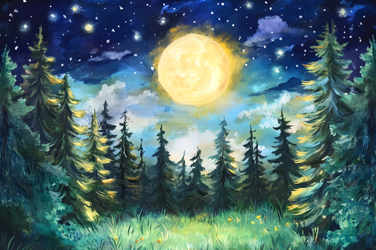 Toile de fond Forêt Nocturne Pins Clair de Lune Ciel Étoilé LXX58-300