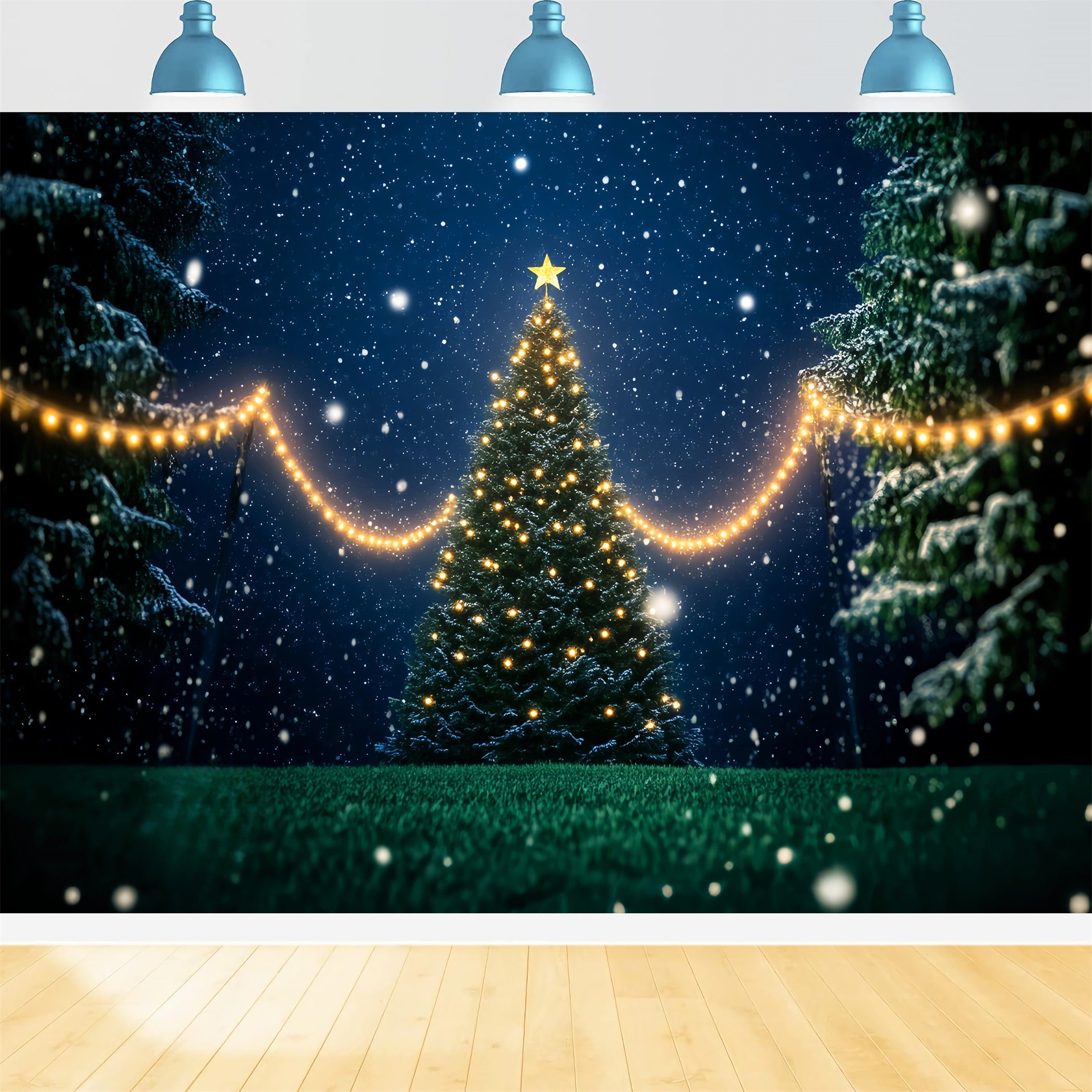 Toile de fond Forêt Nocturne Sapin de Noël Enneigé Illuminé LXX58-302