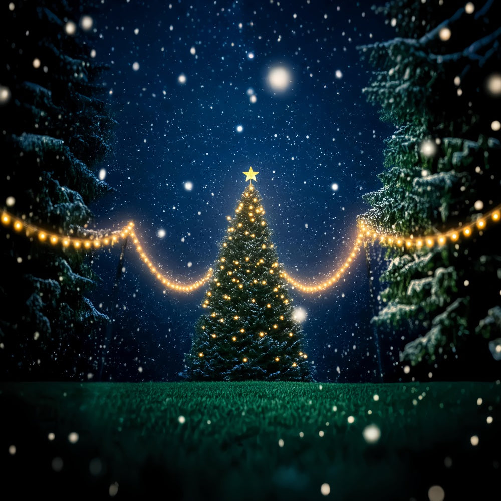 Toile de fond Forêt Nocturne Sapin de Noël Enneigé Illuminé LXX58-302