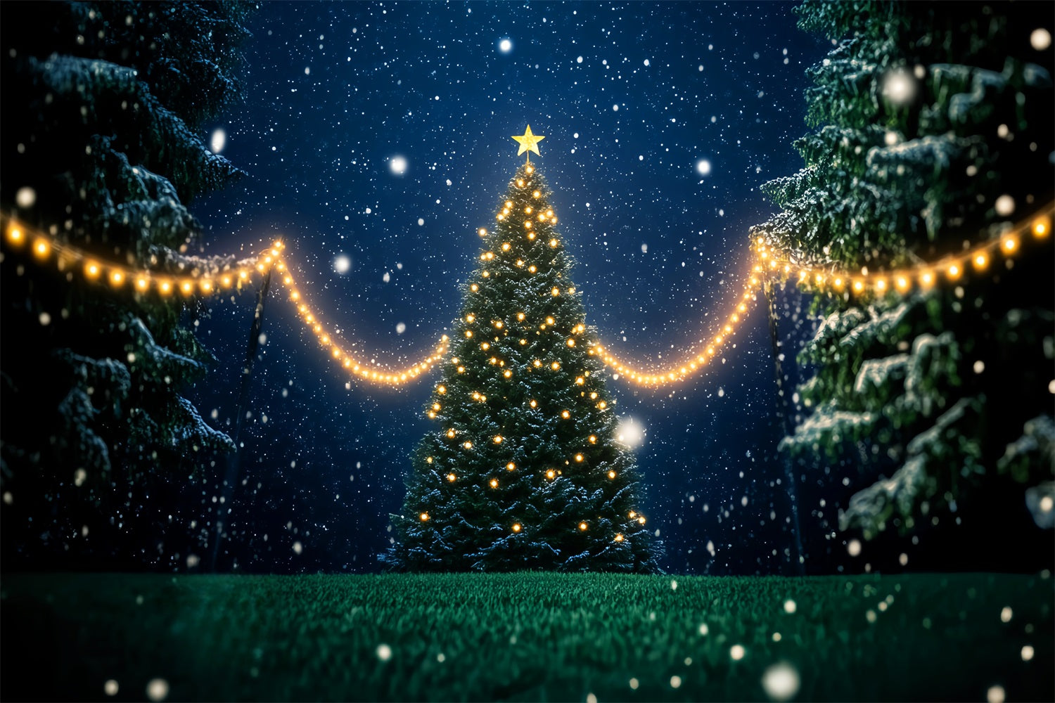 Toile de fond Forêt Nocturne Sapin de Noël Enneigé Illuminé LXX58-302