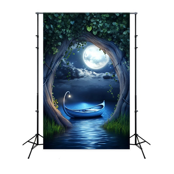 Toile de fond Forêt Nocturne Lac Enchanté Bateau Clair de Lune LXX58-303