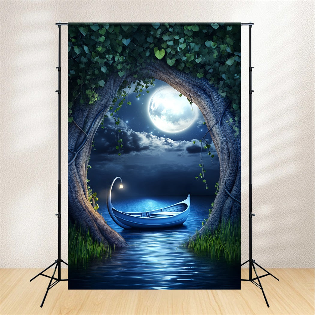 Toile de fond Forêt Nocturne Lac Enchanté Bateau Clair de Lune LXX58-303