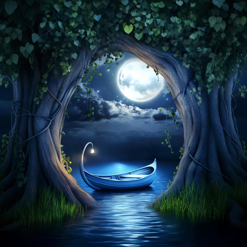 Toile de fond Forêt Nocturne Lac Enchanté Bateau Clair de Lune LXX58-303