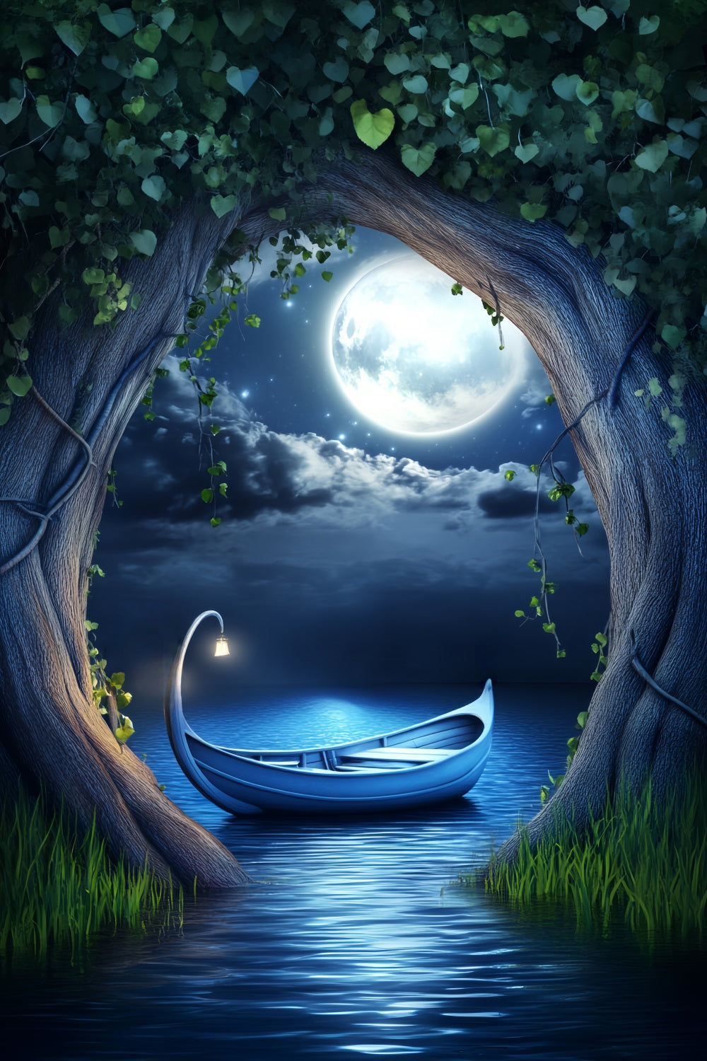 Toile de fond Forêt Nocturne Lac Enchanté Bateau Clair de Lune LXX58-303