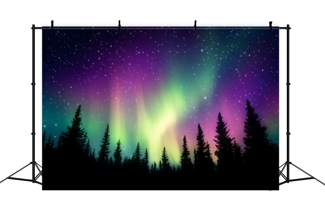 Toile de fond Forêt Nocturne Ciel Boréal Coloré Aurores LXX58-304