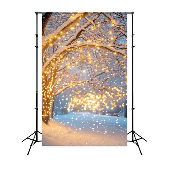 Toile de fond Forêt Nocturne Sentier Enneigé Lumières Dorées Hiver LXX58-305