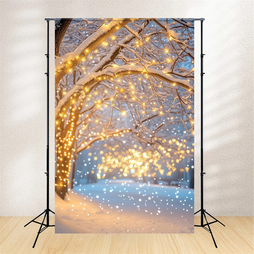 Toile de fond Forêt Nocturne Sentier Enneigé Lumières Dorées Hiver LXX58-305