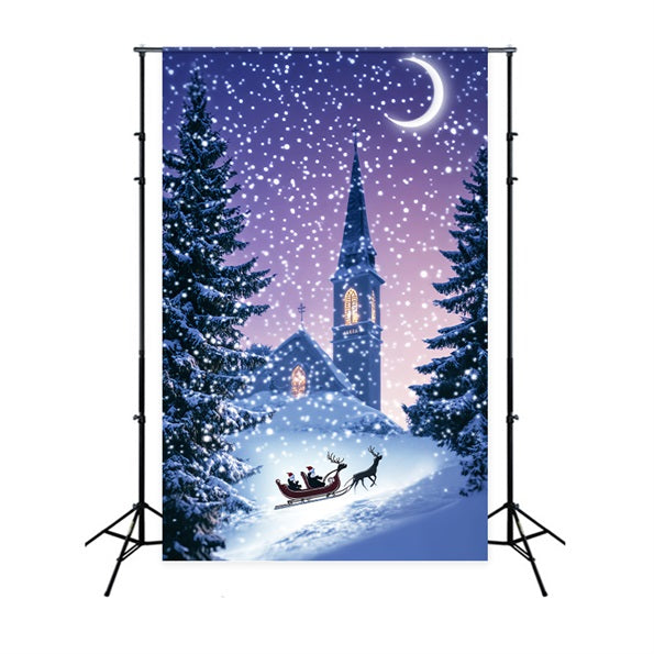 Toile de fond Forêt de Noël Église Traîneau Nuit d’Hiver Enneigée LXX58-306