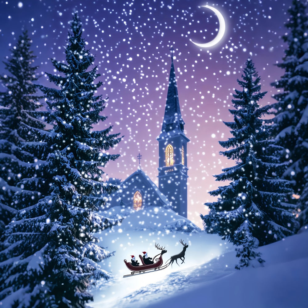 Toile de fond Forêt de Noël Église Traîneau Nuit d’Hiver Enneigée LXX58-306