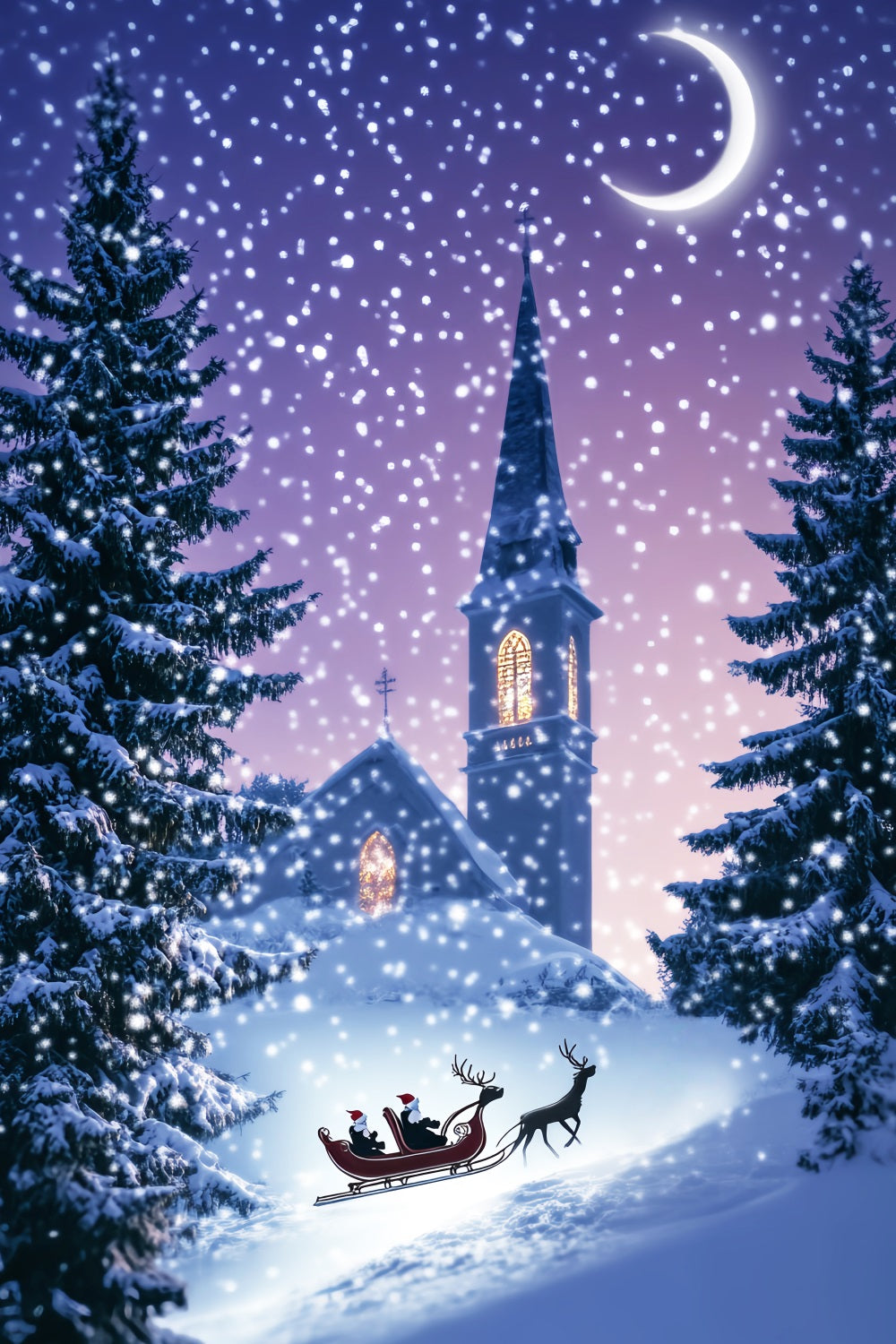 Toile de fond Forêt de Noël Église Traîneau Nuit d’Hiver Enneigée LXX58-306