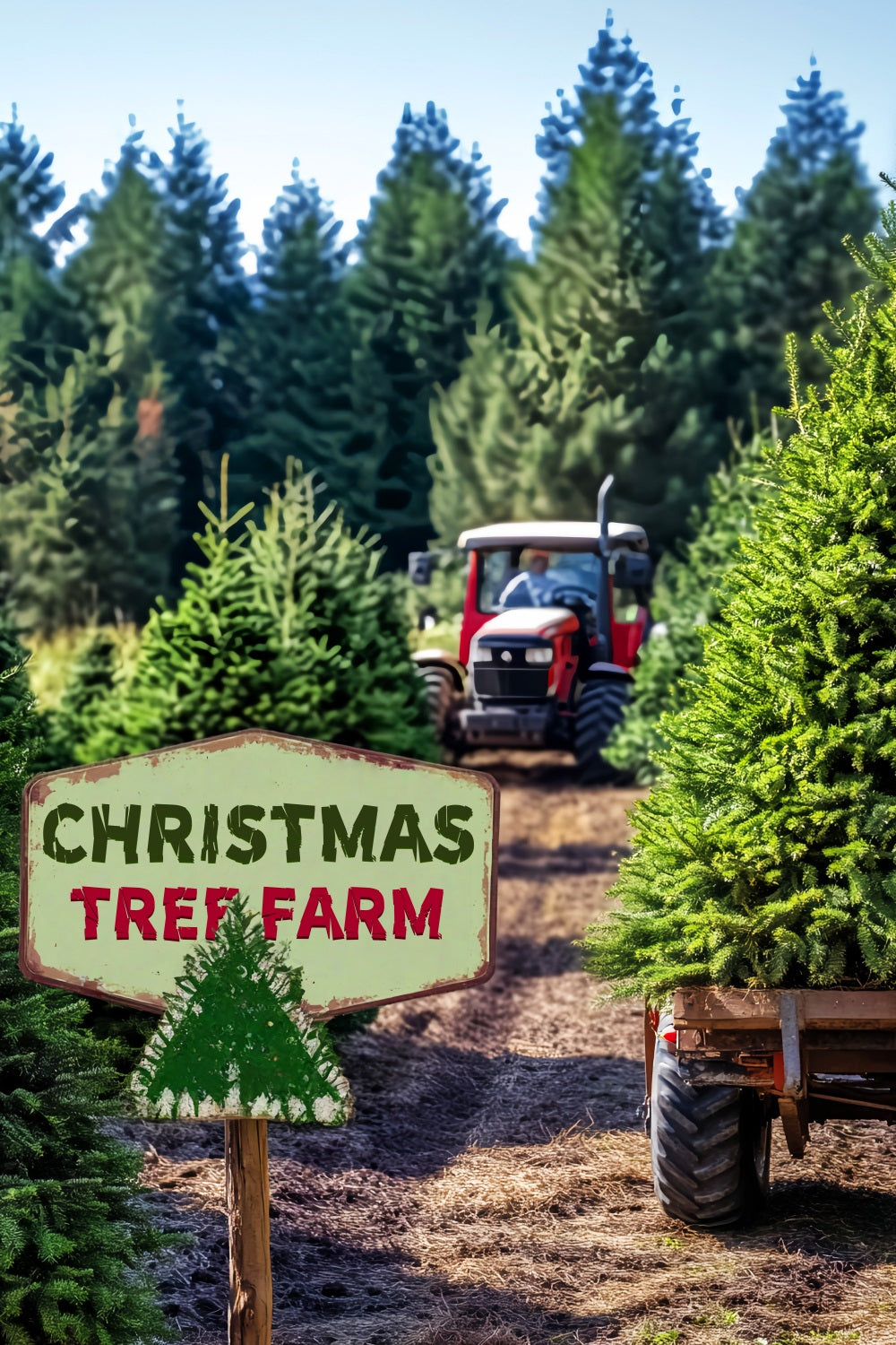 Toile de fond Forêt de Pins Ferme Sapins de Noël Tracteur LXX58-308