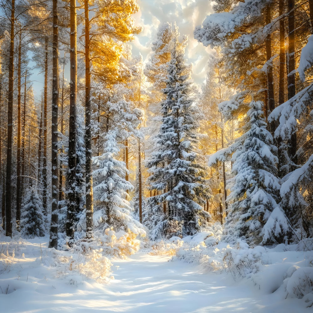Toile de fond Forêt de Noël Sapins Givrés Lueur Dorée Photo LXX58-309