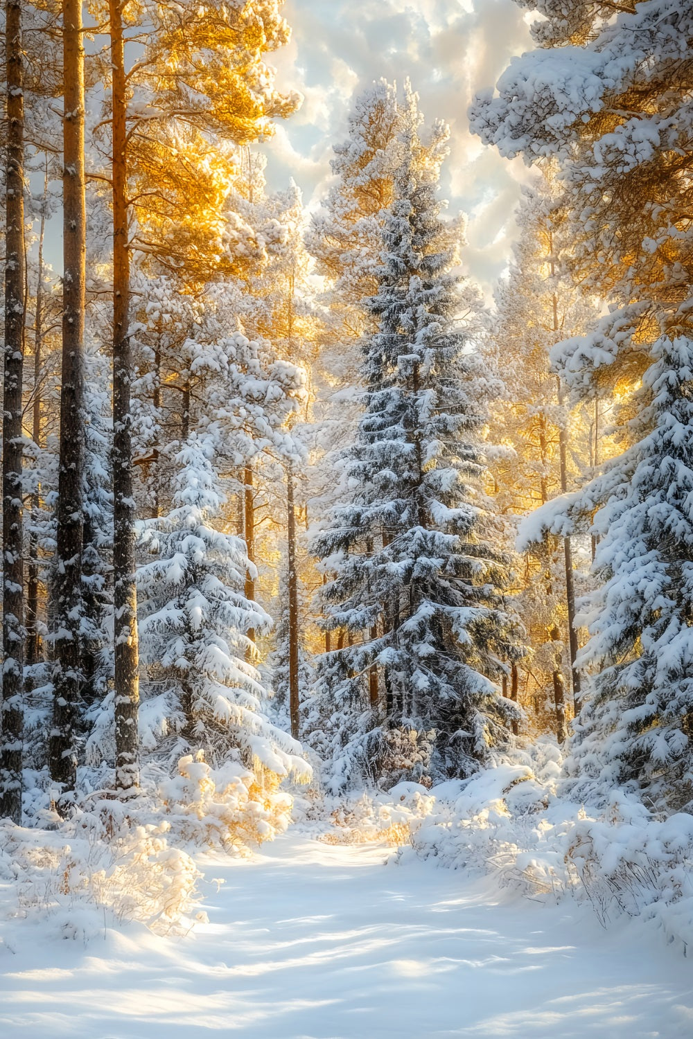 Toile de fond Forêt de Noël Sapins Givrés Lueur Dorée Photo LXX58-309