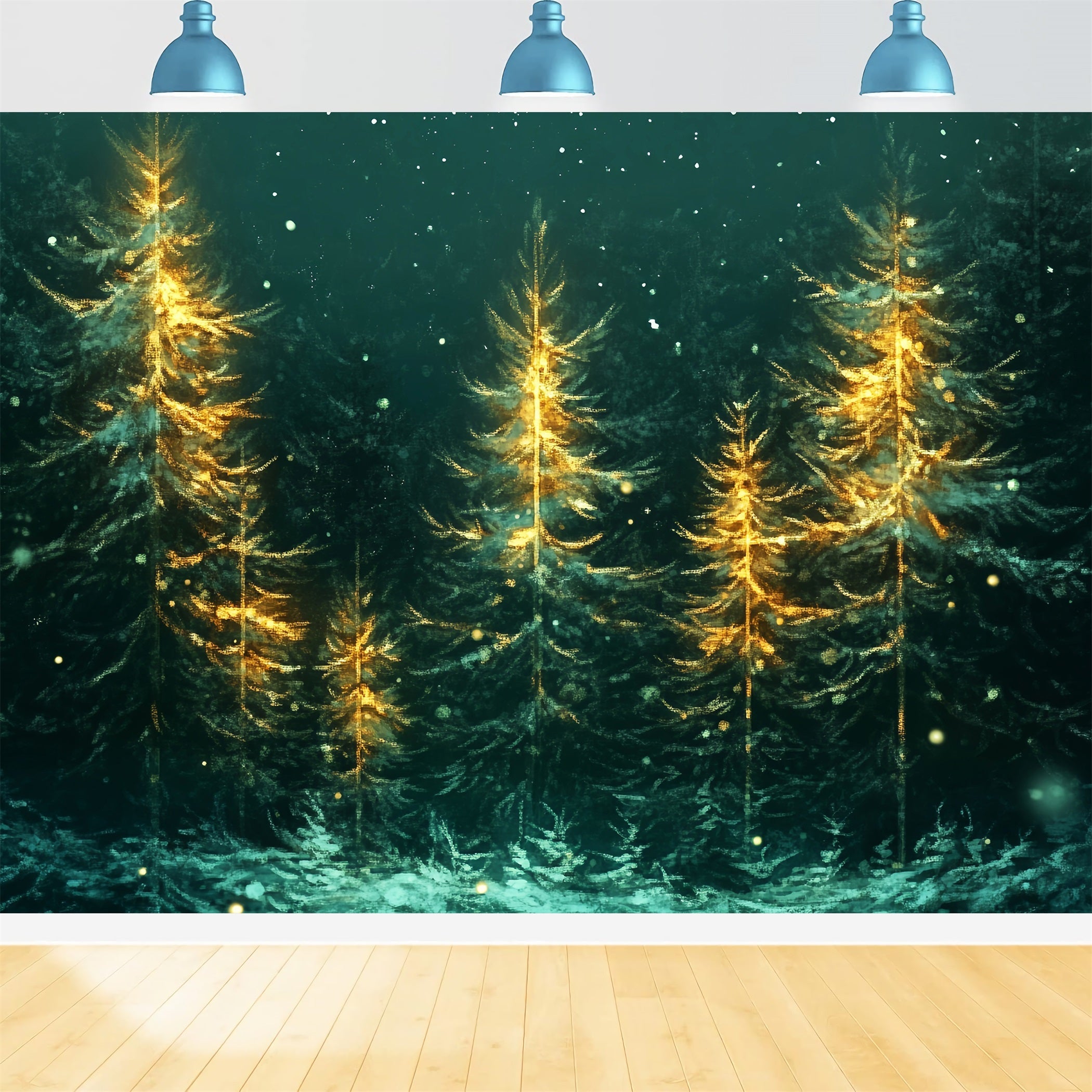 Toile de fond Forêt de Noël Sapins Lumineux Neige Tombante LXX58-310